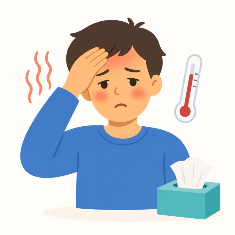 symptom（症状・名詞）の覚え方イラスト — symptom の「症状」は、病気や不調として体や心に現れるサインを指します