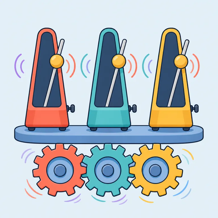 synchronizing（同期している・動詞）の覚え方イラスト — sync はスマホの同期表示で見かける短縮形