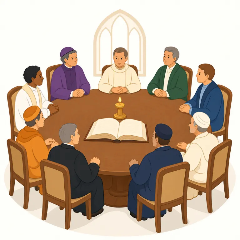 synod（教会会議・名詞）の覚え方イラスト — syn- は synchronize, synonym, synthesis などに共通する「一緒に・まとめて」の感覚で覚えると入りやすい語