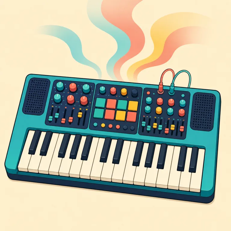 synthesizer（シンセサイザー・名詞）の覚え方イラスト — synthesizer は、まず動詞 synthesize「複数の要素をまとめて作る」を知っていると覚えやすいです
