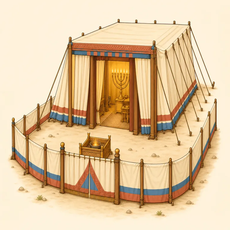 tabernacle（幕屋・名詞）の覚え方イラスト — tabernacle は temple のような固定の神殿ではなく、「移動しながら使う礼拝所」と対比で覚えると残りやすい語です