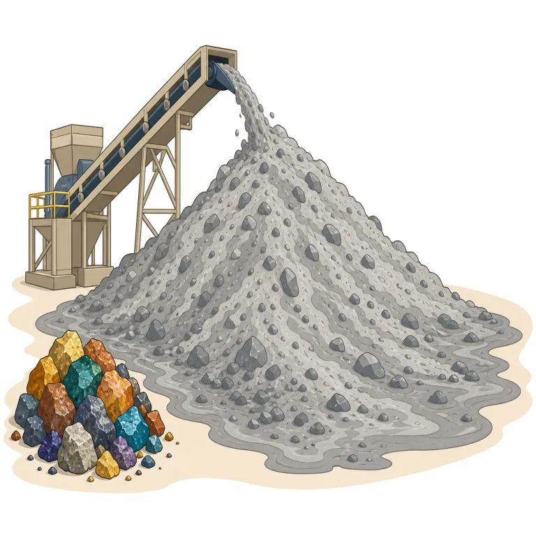 tailings（尾鉱・名詞）の覚え方イラスト — tail を知っていれば、「本体のあとにしっぽのようについてくる残り」と考えると入りやすいです