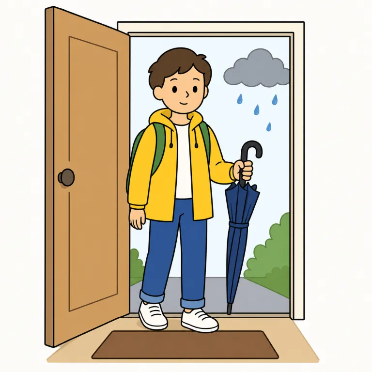 take an umbrella with you（傘を持っていってください・イディオム）の覚え方イラスト — 丸ごと1フレーズで覚えるのが近道です