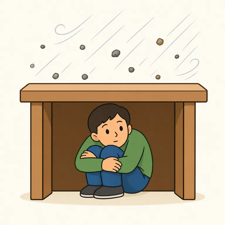 take cover（身を隠す・イディオム）の覚え方イラスト — take は「取る」だけでなく「行動をとる」、cover は「覆う・守る」