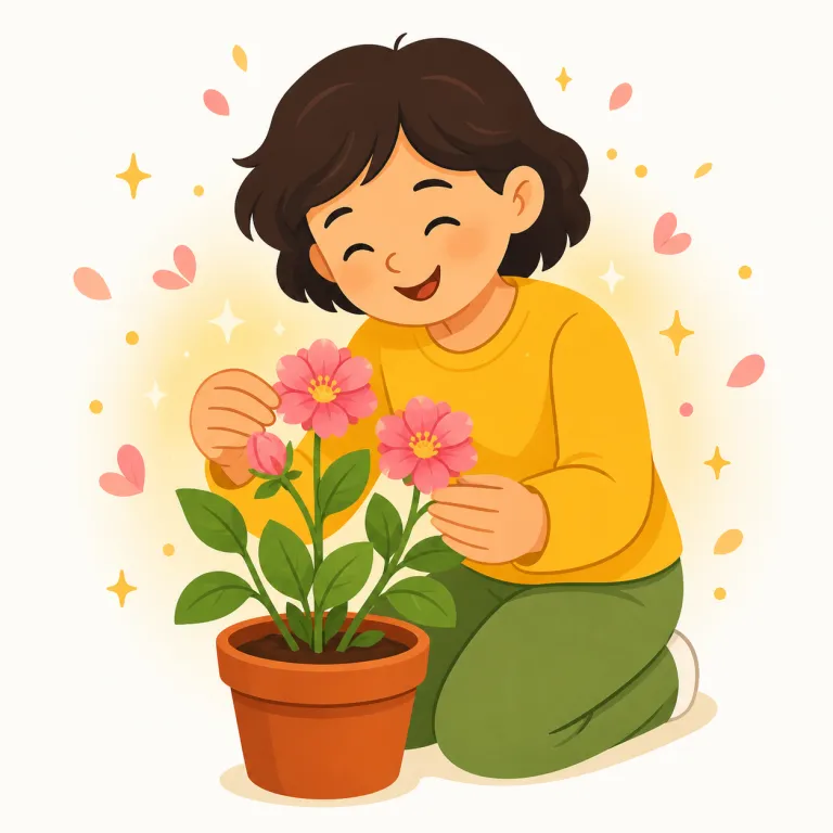 take delight in（～を楽しむ、～に喜びを感じる・動詞）の覚え方イラスト — delight は enjoy より一段強く、like よりも感情が深く入った『うれしくて心が向く』感じ