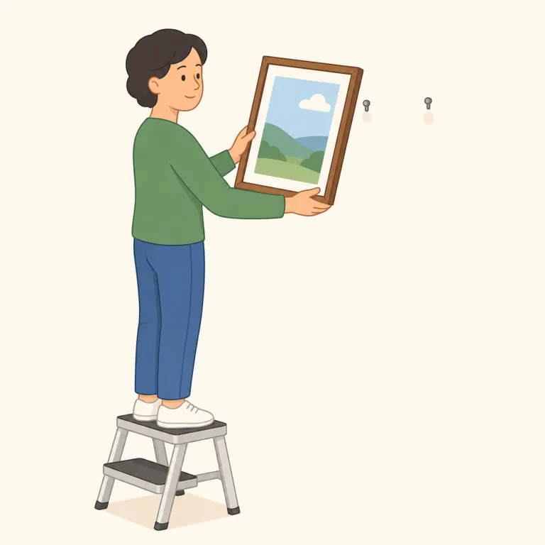 take down（取り外す・句動詞）の覚え方イラスト — take down は、壁や高い位置にある物を「取って下ろす」動作として覚えます