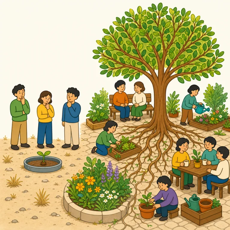 take root（根付く・句動詞）の覚え方イラスト — この「根付く」は、植物が土に root「根」を伸ばして、その場所で育てる状態を中心に考えると覚えやすいです
