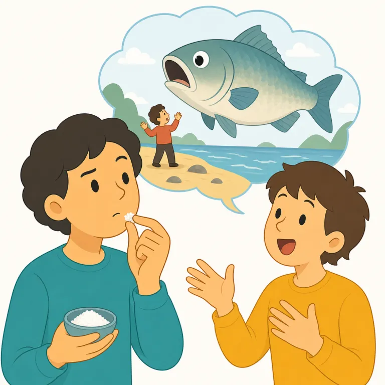 take something with a grain of salt（話半分に聞く・イディオム）の覚え方イラスト — 丸ごと信じるのでも、完全に切り捨てるのでもなく、「少し塩を振って受け取る」感覚で覚えると定着します