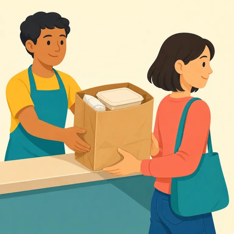 takeaway（持ち帰り料理・名詞）の覚え方イラスト — take away（持ち去る）という句動詞がそのまま名詞になった語で、「店から持ち帰る料理」と分解すれば覚えやすい