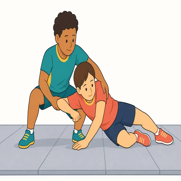 takedown（テイクダウン・名詞）の覚え方イラスト — take と down をそのまま重ねて、「相手を下に持っていく」とイメージすると覚えやすい語