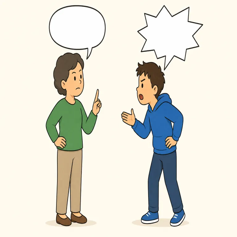 talk back to（言い返す・句動詞）の覚え方イラスト — まず talk に back が付くので、「言葉を後ろから返す→言い返す」と像で覚えると残りやすいです