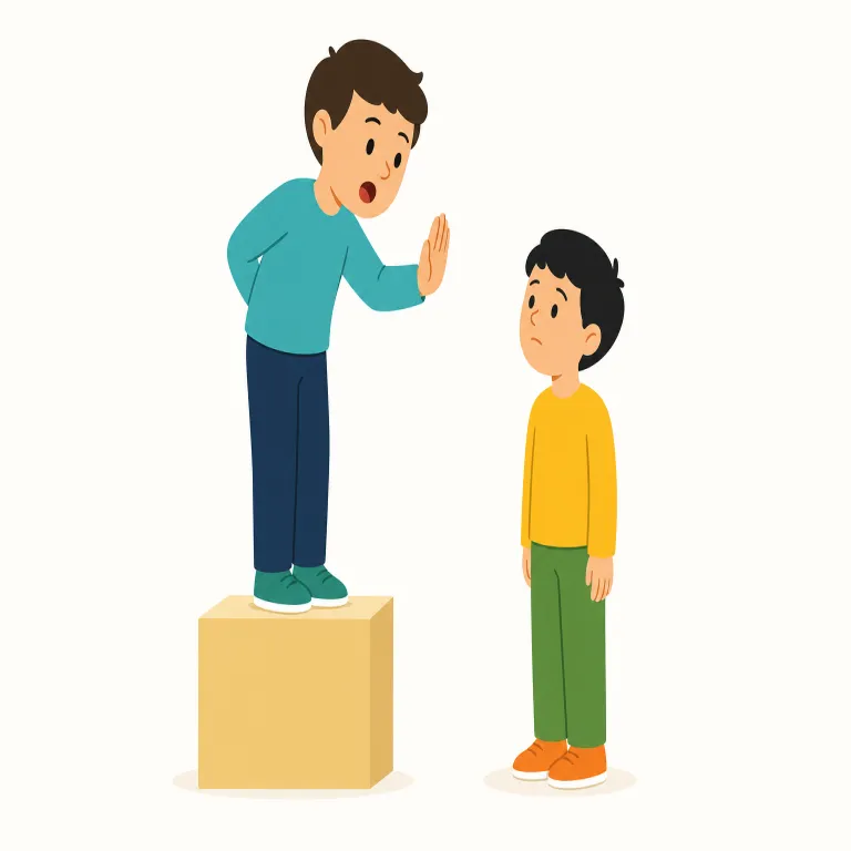 talk down to（見下す・句動詞）の覚え方イラスト — talk down to は、相手を自分より知識・能力・立場が低いかのように扱って話すことです