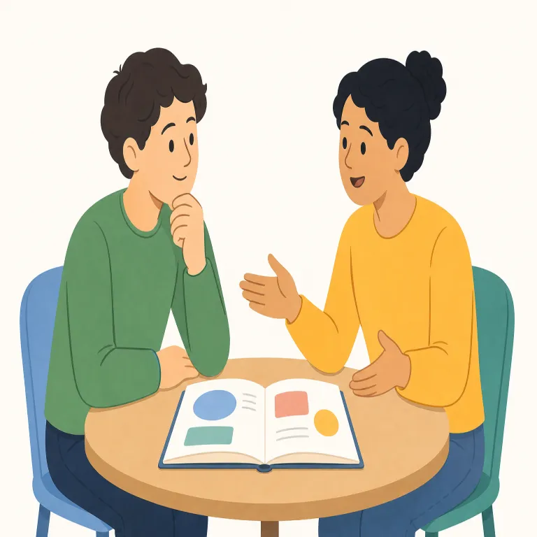 talk over（話し合う・句動詞）の覚え方イラスト — talk は分かるとして、over が付くと『話題に少し触れる』のでなく『一通り最後まで検討する』感じが出ると覚えると残りやすい