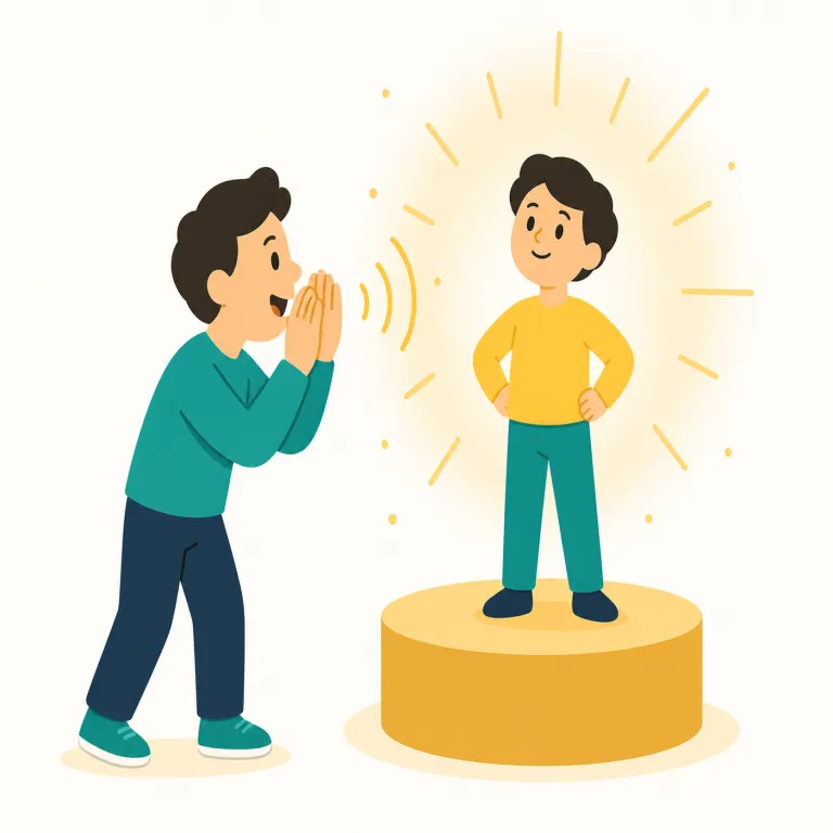 talk up（持ち上げる・句動詞）の覚え方イラスト — この意味の talk up は、声の大きさではなく「言葉で評価を上げる」イメージです