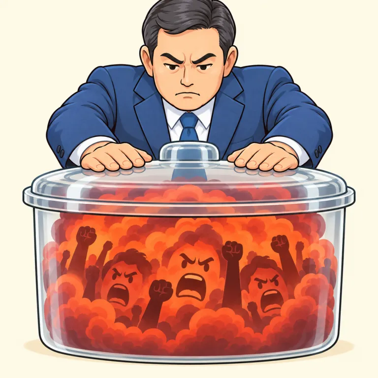 tamp down（抑え込む・phrasal_verb）の覚え方イラスト
