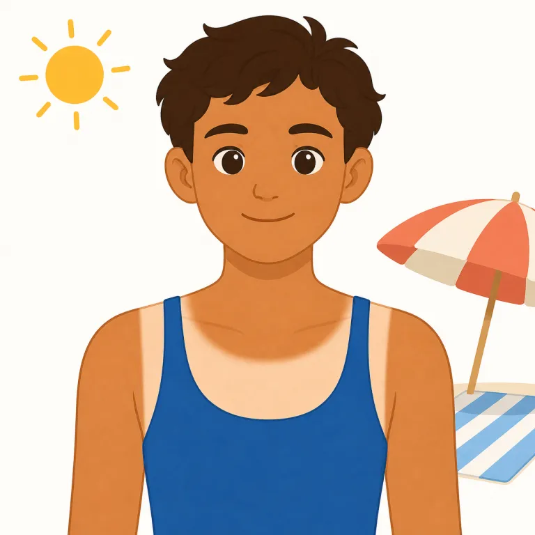 tan（日焼け・名詞）の覚え方イラスト — 日焼けの tan は、肌に「黄褐色がついた状態」と考えると色名とのつながりが見えます