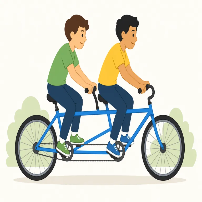 tandem（連携して、協力して・副詞）の覚え方イラスト — tandem は単独で覚えるより、まず in tandem をかたまりで覚えると定着しやすいです