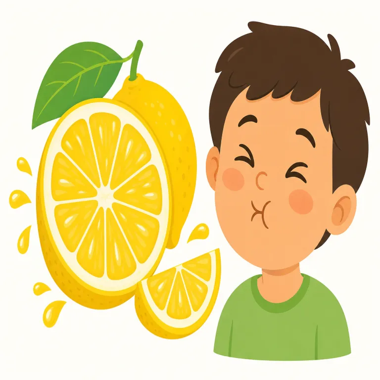 tangy（酸味のある・形容詞）の覚え方イラスト — tangy は taste を表す語の中で、sweet でも bland でもなく、「ひと口で酸味が立って、さっぱり感じる味」とまとめて覚えると残りやすい