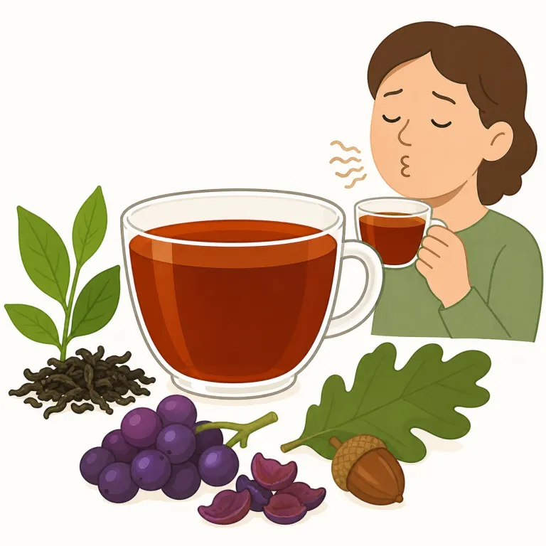 tannic（タンニンの・形容詞）の覚え方イラスト — tannic は tannin「タンニン」に形容詞語尾 -ic が付いた語で、「タンニンを含む、タンニン由来の」という意味です