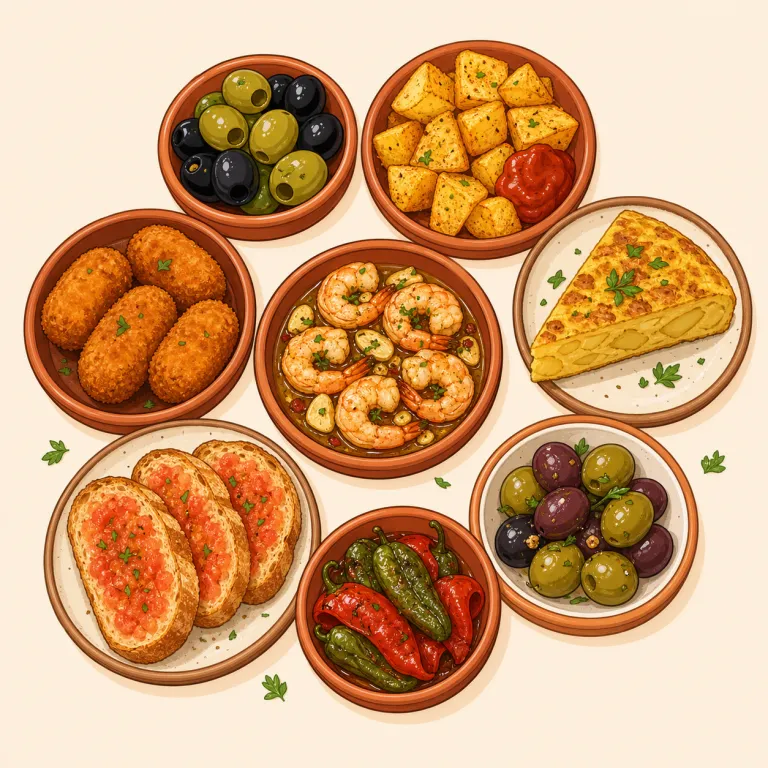 tapas（タパス・名詞）の覚え方イラスト — 「スペインで、少量の料理を何皿もつまみながら飲む場面」とセットで覚えると定着しやすい語です