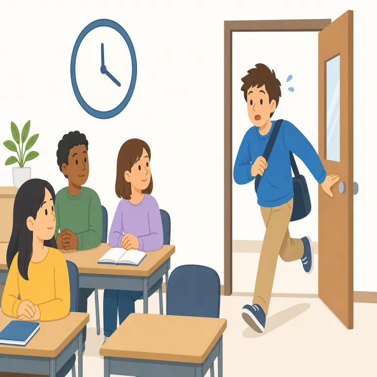 tardiness（遅刻・名詞）の覚え方イラスト — tardiness は、人が予定時刻や集合時刻に遅れる「遅刻」として覚えます