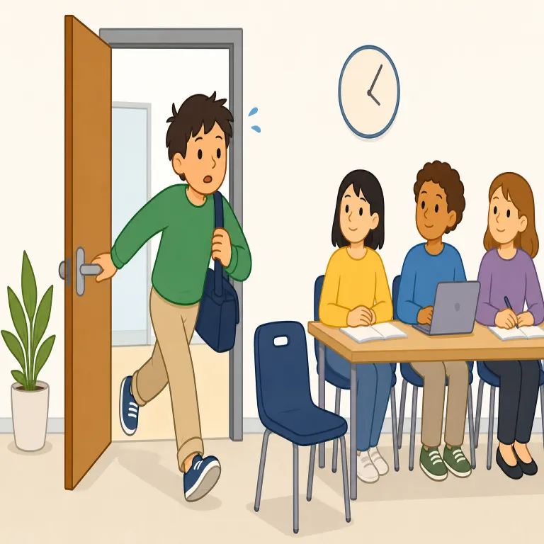 tardy（遅刻した・形容詞）の覚え方イラスト — まず late の少しかたい版として覚えると残りやすいです