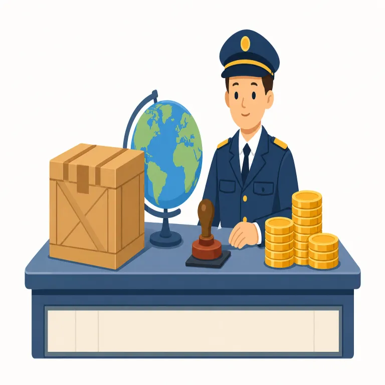 tariff（関税・名詞）の覚え方イラスト — tariff は「国境で商品に貼られる税の札」とイメージすると、一般的な tax との違いが見えます