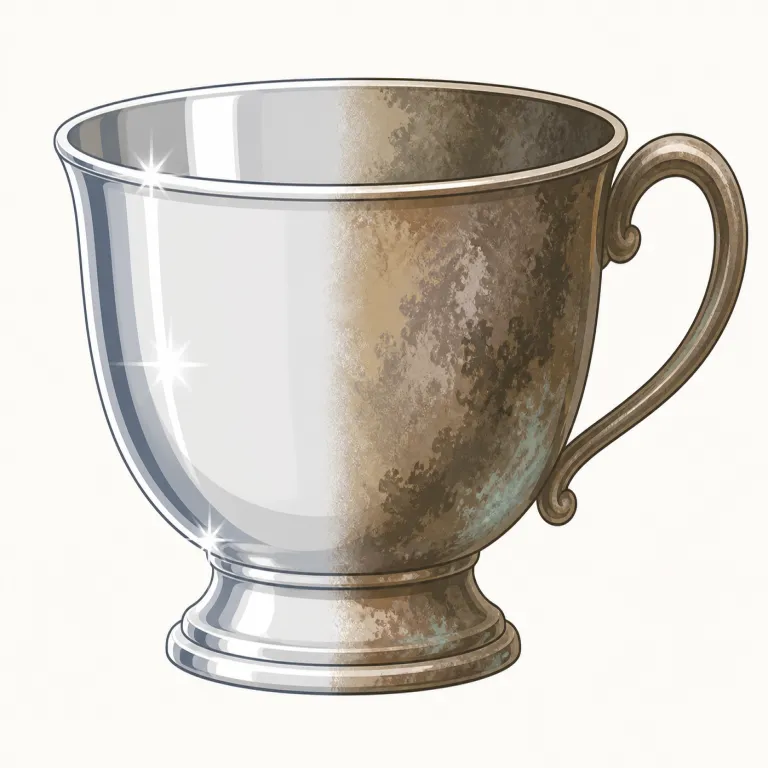 tarnish（変色する・動詞）の覚え方イラスト — polish が「磨いて光らせる」なら、tarnish はその逆で「光沢がくもる」と押さえると覚えやすいです