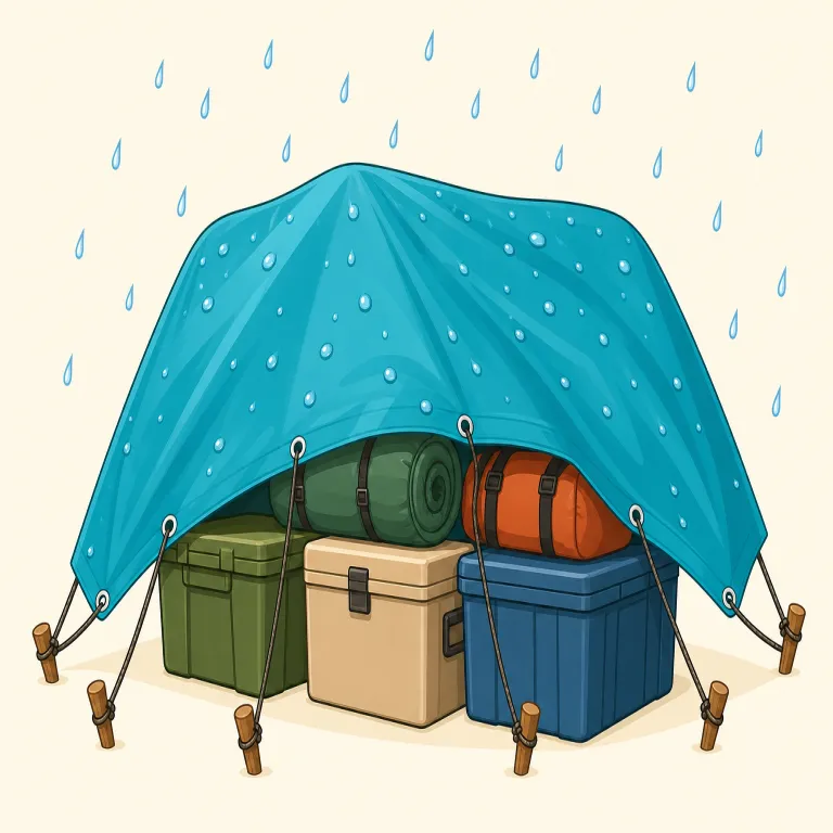 tarp（防水シート・名詞）の覚え方イラスト — まず「屋外で物にさっと掛ける厚手のシート」という場面で覚えると定着しやすい語です