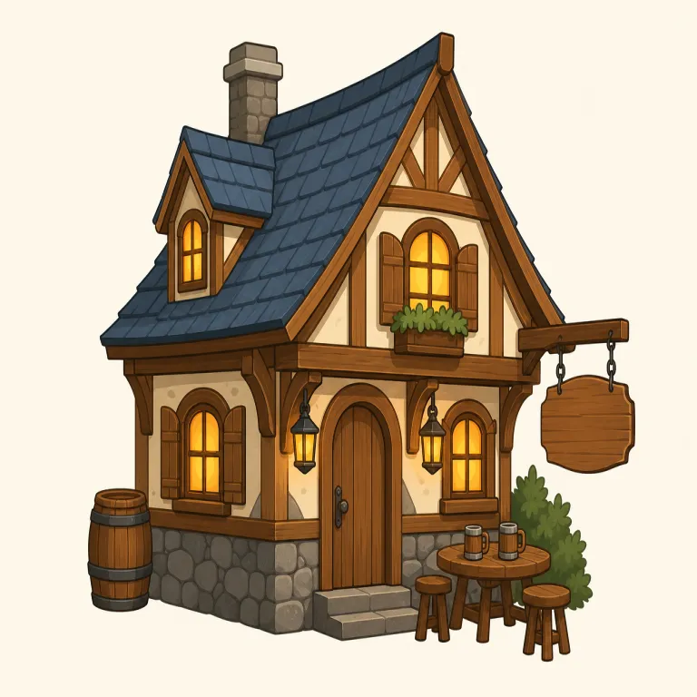 tavern（酒場・名詞）の覚え方イラスト — tavern は bar より古風で、物語や歴史ドラマに出る「町の酒場」の空気ごと覚えると残りやすい語です
