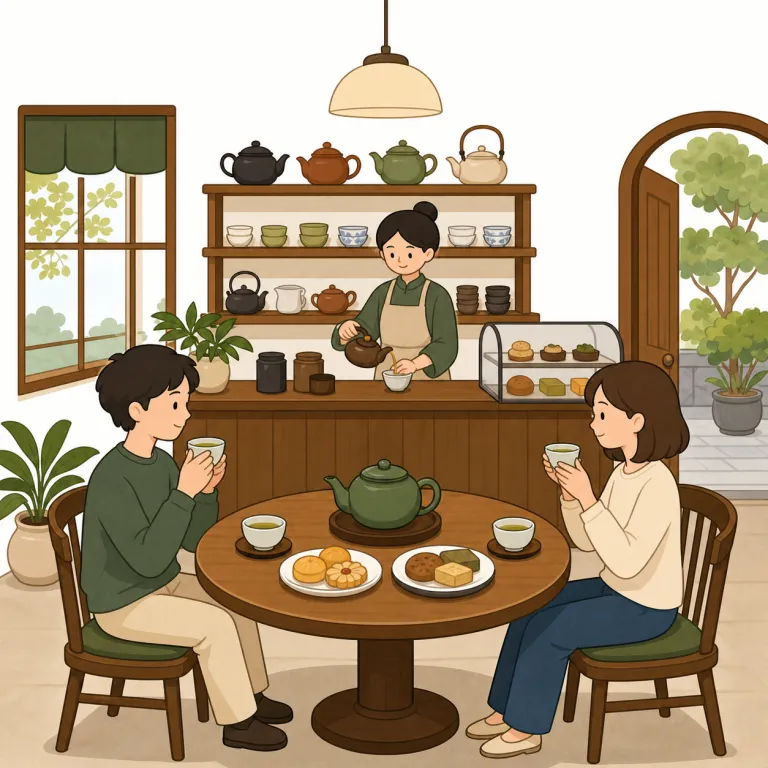 teahouse（茶屋・名詞）の覚え方イラスト — この「茶屋」は、単なる現代的な喫茶店ではなく、伝統的にお茶を楽しむための建物や店を指す意味です