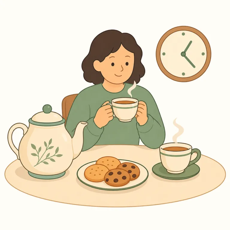 teatime（ティータイム・名詞）の覚え方イラスト — このエントリの「ティータイム」は、単に「お茶の時間」という時刻名ではなく、紅茶や菓子を用意してゆっくり楽しむ英国風・社交的な習慣としての響きを持つ用法です