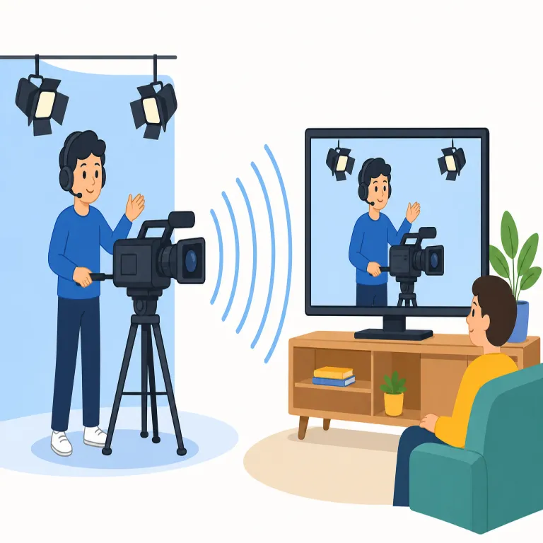 telecast（テレビ放送・動詞）の覚え方イラスト — ここでの telecast は動詞で、「番組や試合をテレビで放送する」という動作を表します