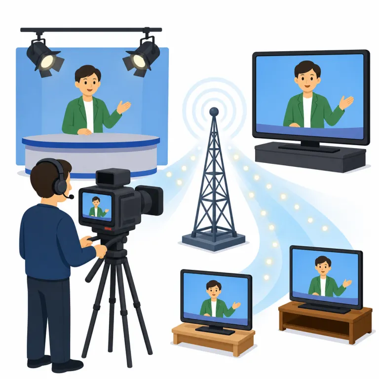 telecasting（テレビ放送・名詞）の覚え方イラスト — 名詞の telecasting は、テレビというメディアで番組を届ける活動全体を指す箱のような語です