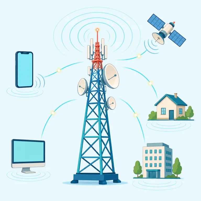 telecommunications（電気通信・名詞）の覚え方イラスト — tele- は telephone や television にもある「遠く」を示す要素で、communication は「情報を伝え合うこと」です