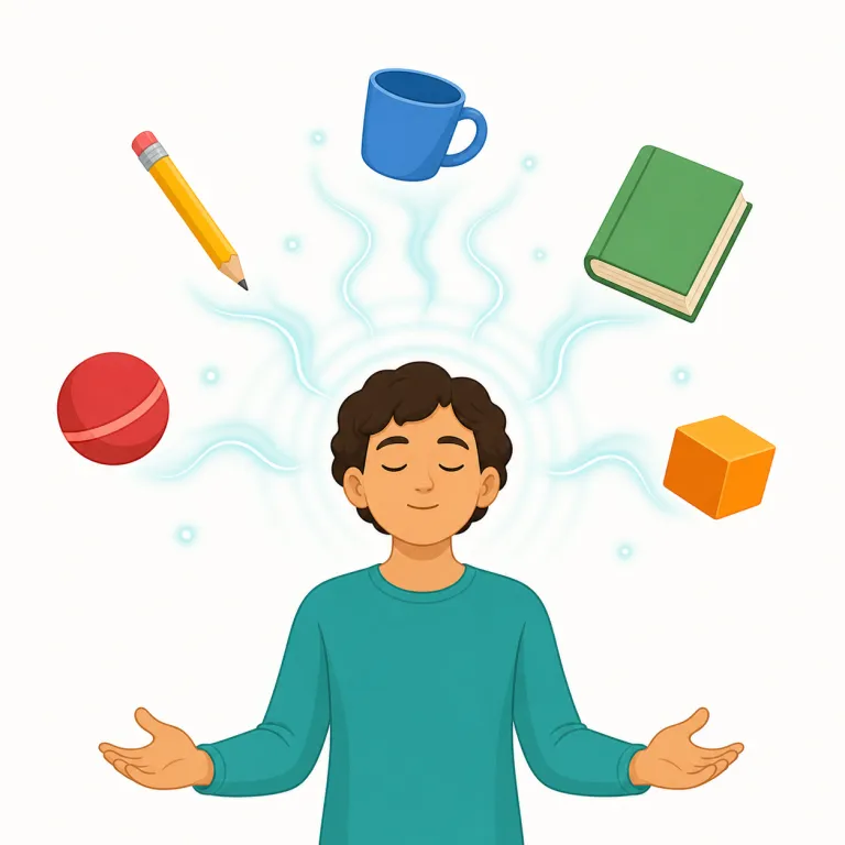 telekinesis（念力・名詞）の覚え方イラスト — telekinesisはtele「遠く」とkinesis「運動」から成る名詞で、触れずに物を動かす念力を指します