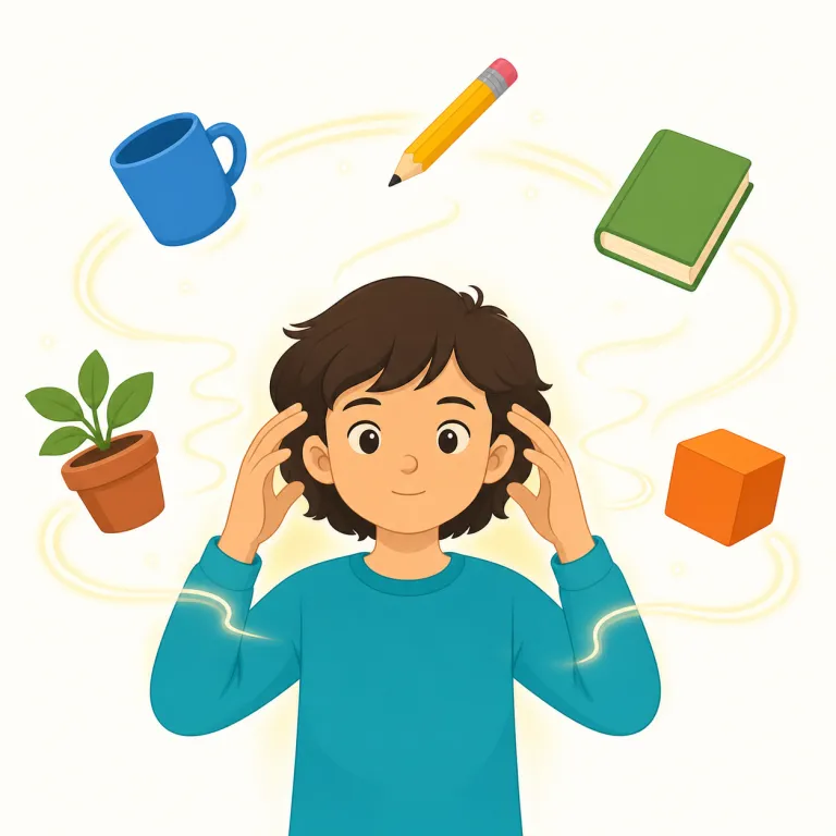 telekinetic（念動力の・形容詞）の覚え方イラスト — tele- は「遠く」、kinetic は「動き」に関係する語です