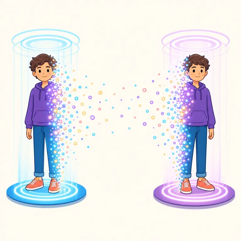 teleportation（テレポーテーション・名詞）の覚え方イラスト — tele- は telephone / television の「遠く」、port は transport / portable の「運ぶ」