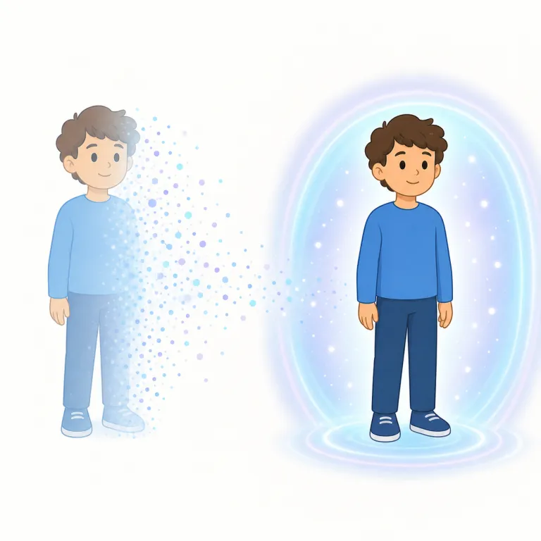 teleporting（瞬間移動する・動詞）の覚え方イラスト — teleporting は、画面や空間がぱっと切り替わる動きを思い浮かべると覚えやすい