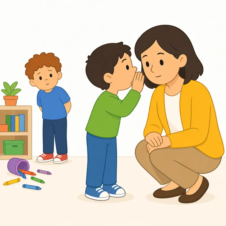 tell on（告げ口する・句動詞）の覚え方イラスト — tell on の「告げ口する」は、tell「話す」を人間関係の場面に絞って覚えると定着します