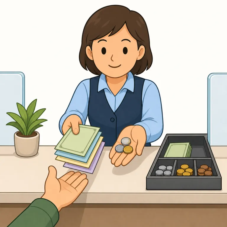 teller（銀行窓口係・名詞）の覚え方イラスト — tell は今では「話す」が基本だが、teller は bank teller というまとまりで覚えるとよい