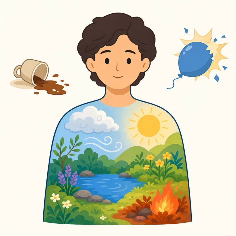 temperament（気質・名詞）の覚え方イラスト — temperature の temper と同系で、もとは「ほどよく混ぜ合わせる・調整する」感覚を持ちます