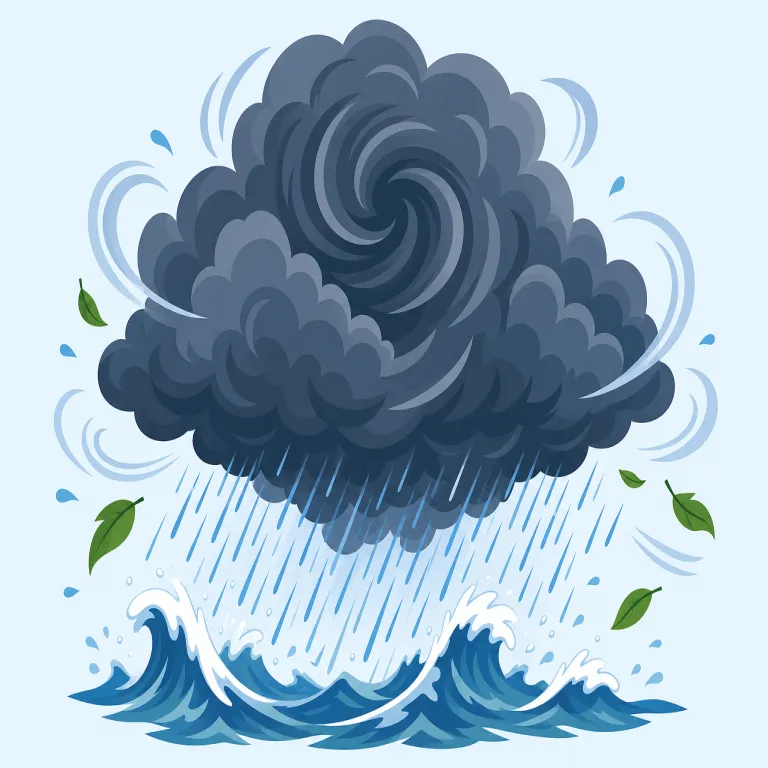 tempest（嵐・名詞）の覚え方イラスト — storm より文語的で、ニュースの軽い「悪天候」ではなく、物語や古典で出てくるような大荒れの嵐として覚えると残りやすい