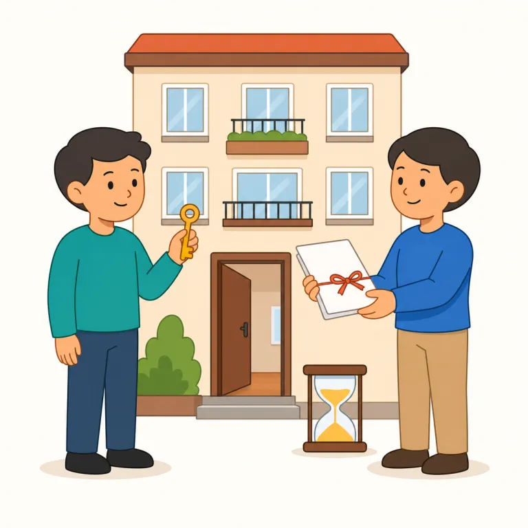 tenancy（賃借権 or 借用期間・名詞）の覚え方イラスト — tenant（借りて住む人・借主）を知っていれば、その人の「借りている状態・権利・期間」まで広げた名詞が tenancy