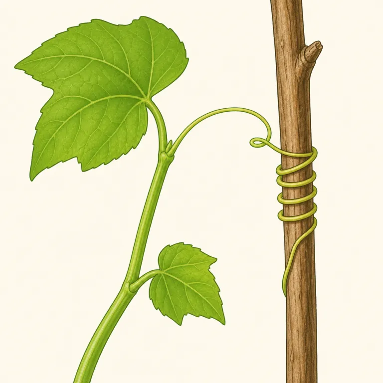 tendril（巻きひげ・名詞）の覚え方イラスト — tendril は、植物の細い部分が何かに向かって伸び、くるっと巻きつく姿をセットで思い浮かべると定着します