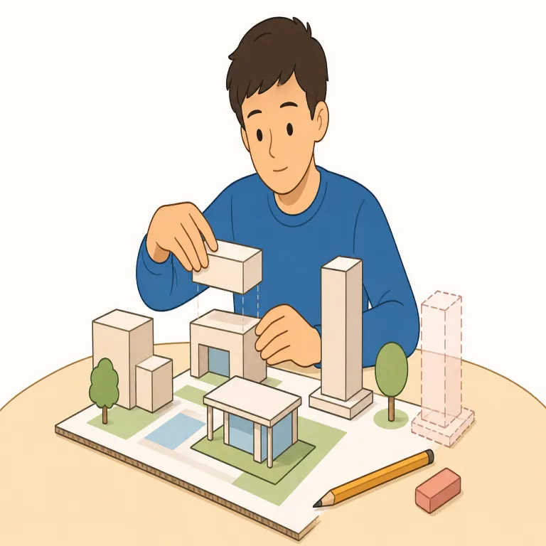 tentative（暫定的な・形容詞）の覚え方イラスト — tentative を「暫定的な」と読むときは、決定や計画をいったん置いているだけで、あとで変わる可能性がある状態を表します