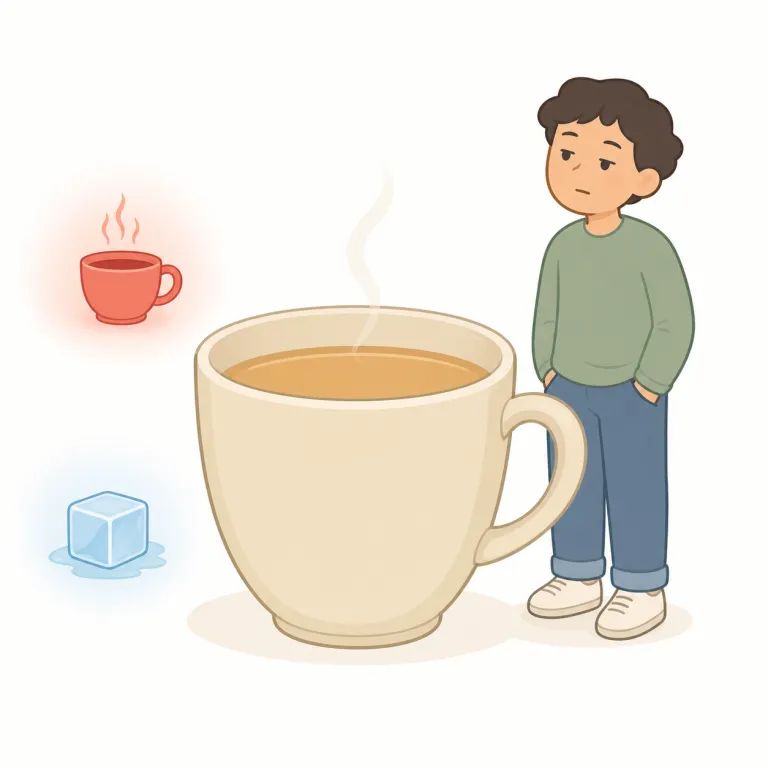tepid（生ぬるい、熱意のない・形容詞）の覚え方イラスト — まず温度の軸で、hot → warm → tepid → cool → cold と置くと位置がつかみやすいです