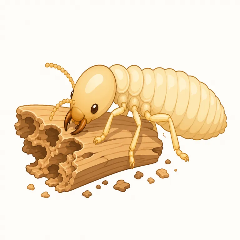 termite（シロアリ・名詞）の覚え方イラスト — termite は単独で覚えるより、"木を食べて家を傷める害虫" という場面ごと覚えると残りやすい語です