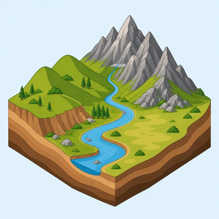 terrain（地形・名詞）の覚え方イラスト — terrain は land や ground よりも、「土地の起伏や状態」に意識が向く語です
