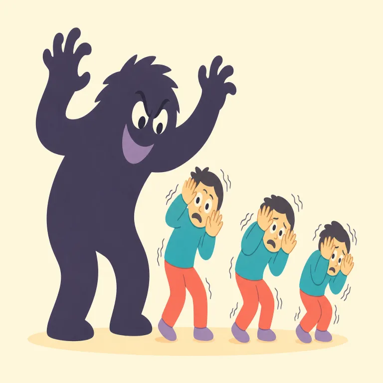 terrorize（恐怖を与える・動詞）の覚え方イラスト — terrorize は、まず名詞 terror「強い恐怖」が見えていれば覚えやすいです